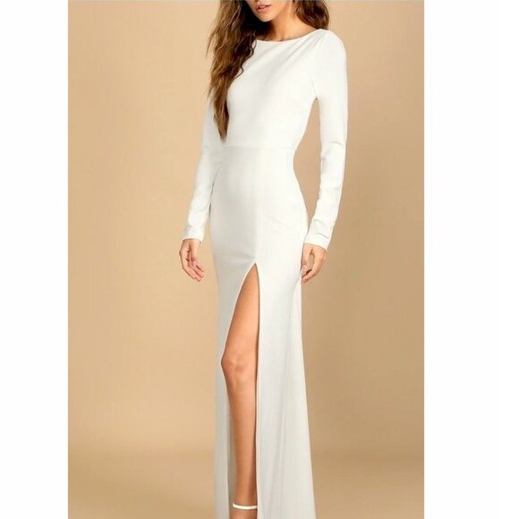 Lulus Romantic White Lace Trim Back Long Sleeve Bridal Wedding Dress Small NWOT - Picture 6 of 8